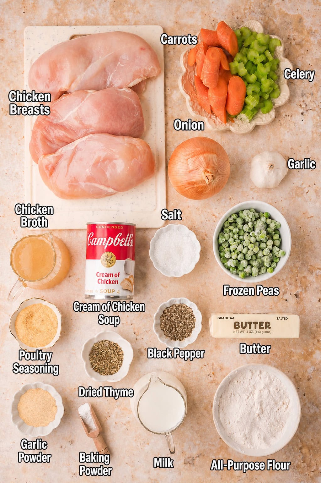 Slow Cooker Chicken and Dumplings Ingredients Labeled.