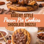 Stack of thick pecan pie cookies with gooey pecan topping and chocolate drizzle by Tessie's Table.
