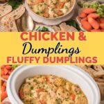 Tender shredded chicken, carrots, celery, and peas in a creamy broth topped with soft dumplings. This slow cooker chicken and dumplings is an easy, hearty family dinner. #easydinner #slowcookerchicken #familydinner #chickenanddumplings
