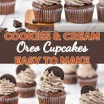 Oreo cupcake with a swirl of cookies and cream frosting and half an Oreo. A perfect Treat for oreo lovers.