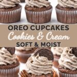 Oreo cupcake with a swirl of cookies and cream frosting and half an Oreo. A perfect Treat for oreo lovers.