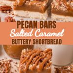 Salted caramel pecan bars cut into squares with pecan halves and caramel drizzle by Tessie's Table.