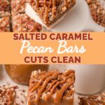 Overhead view of salted caramel pecan bars cut into squares with caramel drizzle by Tessie's Table.
