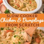 Easy slow cooker chicken and dumplings with tender shredded chicken, carrots, peas, and fluffy homemade dumplings. A hands-off crockpot dinner the whole family loves. #chickenanddumplings #slowcookerrecipes #crockpotdinner #easydinner