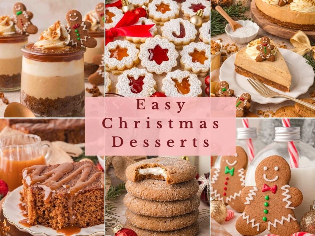 Collage of four easy Christmas desserts including gingerbread cheesecake jars with caramel, linzer cookies, gingerbread cake and hot chocolate pie.