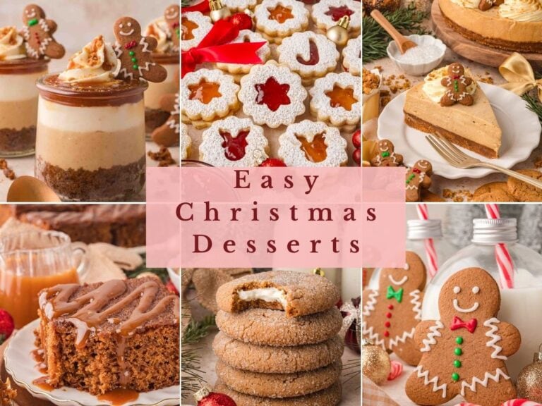 Collage of four easy Christmas desserts including gingerbread cheesecake jars with caramel, linzer cookies, gingerbread cake and hot chocolate pie.