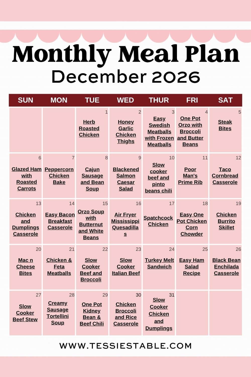 Stay Tuned for Next Month's Plan That is December sorted. A brand new meal plan lands at the start of every month, so check back in January for 31 more easy dinners to kick off the new year. Bookmark This Page to find all the meal plans, or join my email list to get them sent straight to your inbox.