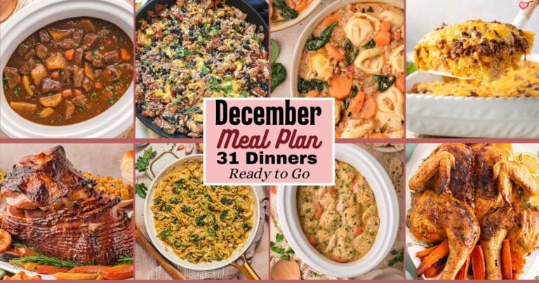 A collage of easy December dinners including beef stew, glazed ham, roast chicken, and holiday casseroles from the monthly meal plan.