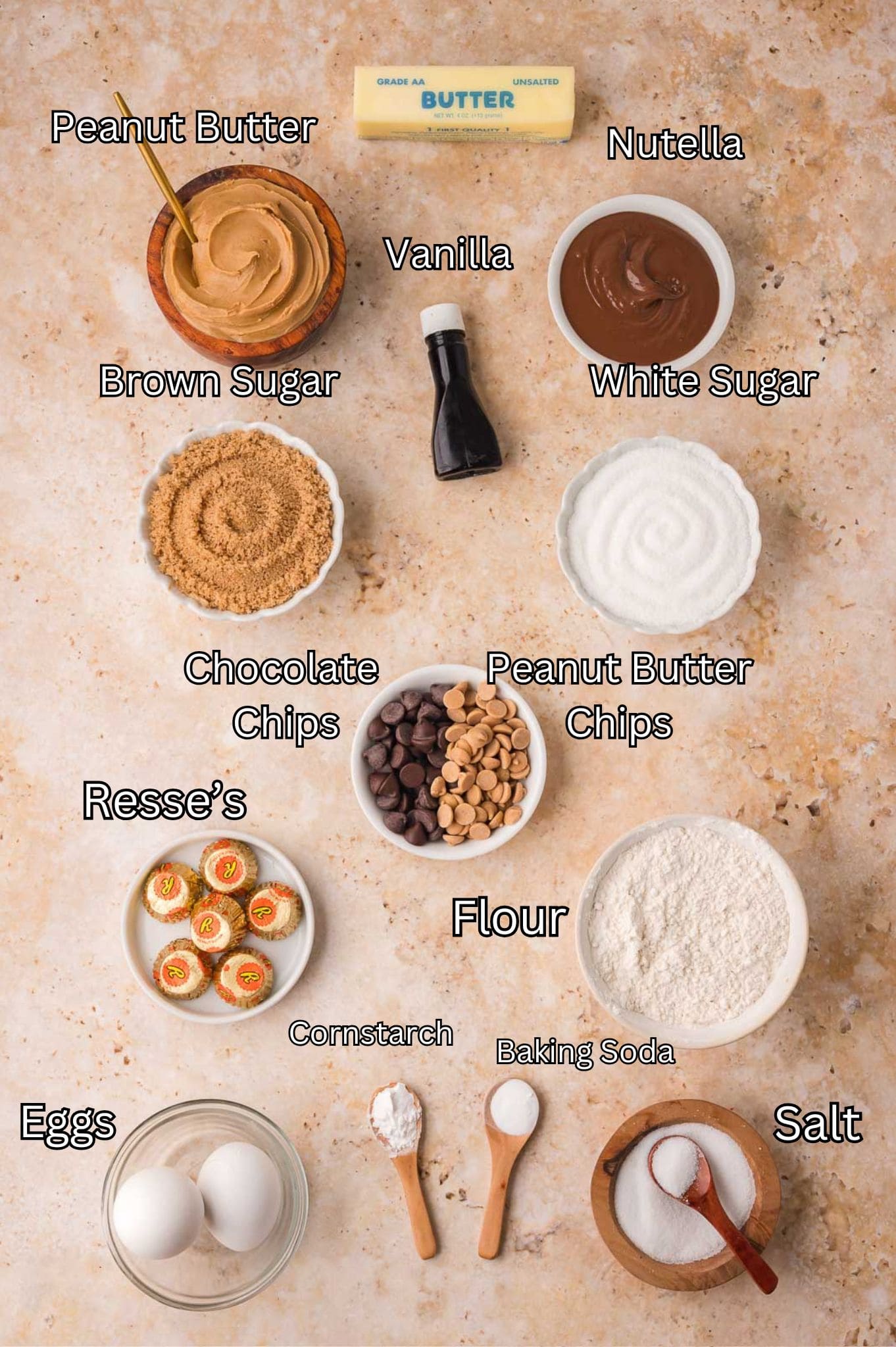 IngIngredients needed for Nutella Stuffed Reese's Cookies By Tessie's Table