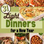 A collage of 31 light dinners for a new year including Mississippi pot roast, sweet and sour chicken, beef and broccoli, chicken noodle soup, and honey garlic meatballs.