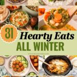 A collage of 31 hearty winter dinners including pot roast, beef and broccoli, chicken noodle soup, white bean soup, honey garlic meatballs, and crockpot tortellini.