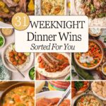 A collage of 31 weeknight dinner wins including pot roast, baked chicken orzo, beef and broccoli, honey garlic meatballs, sausage and beans, and chicken noodle soup.