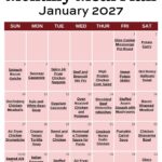 Free printable January 2027 monthly meal plan calendar with an easy dinner recipe on every day of the month.