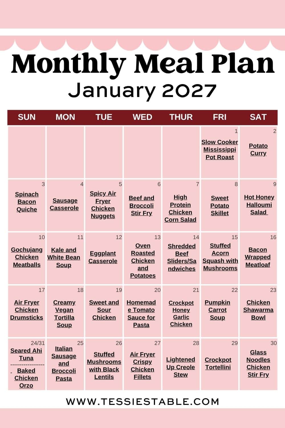 Free printable January 2027 monthly meal plan calendar with an easy dinner recipe on every day of the month.