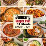 A collage of 31 stress-free January suppers including pot roast, beef and broccoli, white bean soup, chickpea sweet potato stew, sausage and beans, and chicken noodle soup.