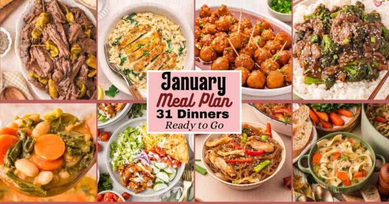 A collage of easy January dinners including Mississippi pot roast, baked chicken orzo, honey garlic meatballs, beef and broccoli, and white bean soup from the monthly meal plan.