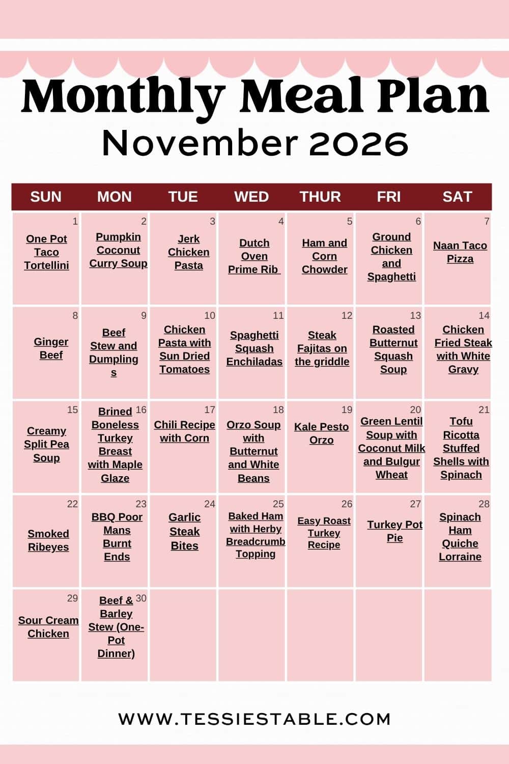 Free printable November 2026 monthly meal plan calendar with an easy dinner recipe on every day of the month.