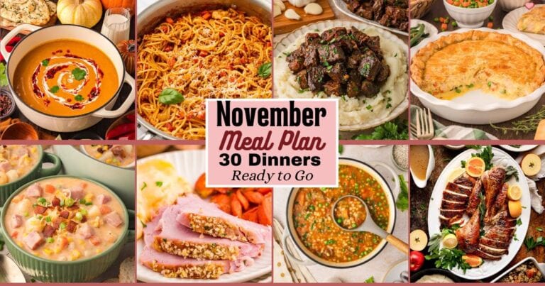 A collage of easy November dinners including pumpkin soup, roast turkey, baked ham, steak bites, and turkey pot pie from the monthly meal plan.