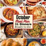 A collage of easy October dinners including chicken tortilla soup, meatloaf, sausage and peppers, baked spaghetti, pumpkin chili, and butter chicken meatballs.