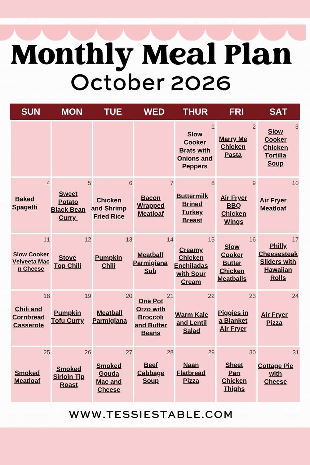 Monthly Meal Plan October 2026 (pink calendar): Free printable October 2026 monthly meal plan calendar with an easy dinner recipe on every day of the month.