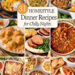 A collage of 31 homestyle dinner recipes for chilly nights including coconut curry, orzo with broccoli, cottage pie, meatloaf, and beef chili.