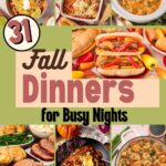 A collage of 31 easy fall dinners for busy nights including chicken tortilla soup, baked spaghetti, brats with peppers, meatloaf, and pumpkin chili.