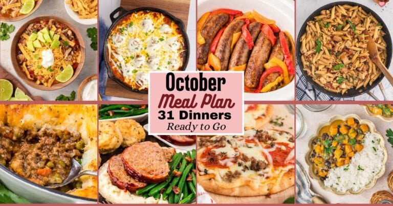 A collage of easy October dinners including chicken tortilla soup, sausage and peppers, meatloaf, flatbread pizza, and cottage pie from the monthly meal plan.