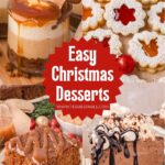 Collage of four easy Christmas desserts including gingerbread cheesecake jars with caramel, linzer cookies, gingerbread cake and hot chocolate pie.