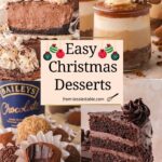 Collage of Christmas desserts including hot chocolate pie, gingerbread cheesecake jars, Baileys truffles and a slice of chocolate layer cake.