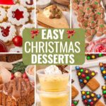 Collage of six easy Christmas desserts including linzer cookies, no bake gingerbread cheesecake, gingerbread men and eggnog pudding shots.