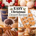 Collage of six Christmas desserts including linzer cookies, coconut snowballs, Baileys truffles and butterscotch pecan fudge.