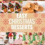 Collage of eight Christmas desserts including no bake gingerbread cheesecake, Santa Nutter Butter cookies, Christmas tree sugar cookies and Baileys truffles.