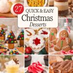 Collage of nine quick and easy Christmas desserts including coconut snowballs, chocolate Christmas trees, gingerbread men and eggnog pudding shots.