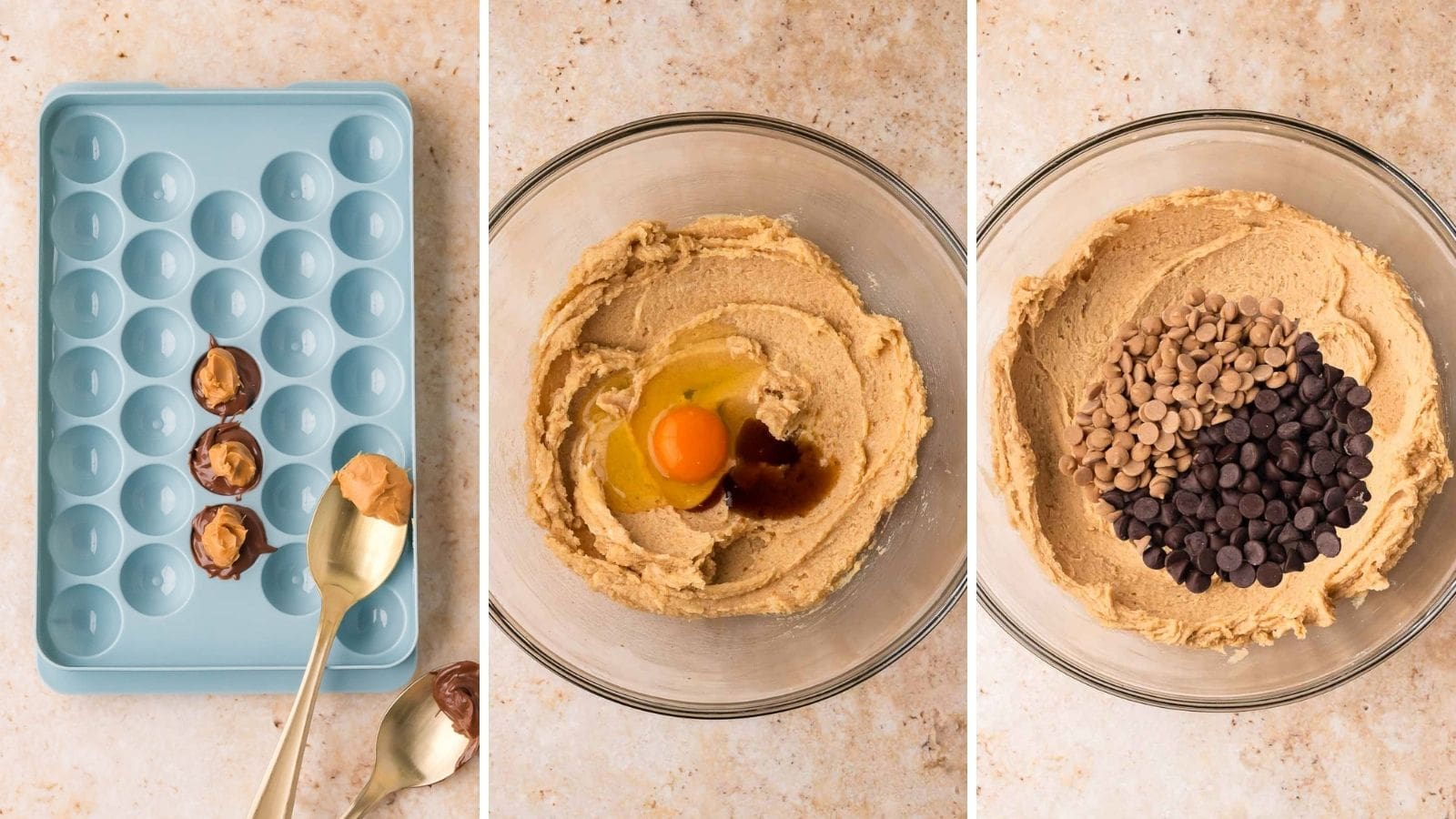 Three step collage showing Nutella and peanut butter spooned into a silicone sphere tray, egg and vanilla added to creamed butter and sugar, and chocolate chips and peanut butter chips on top of cookie dough for Nutella stuffed Reese's cookies by Tessie's Table.