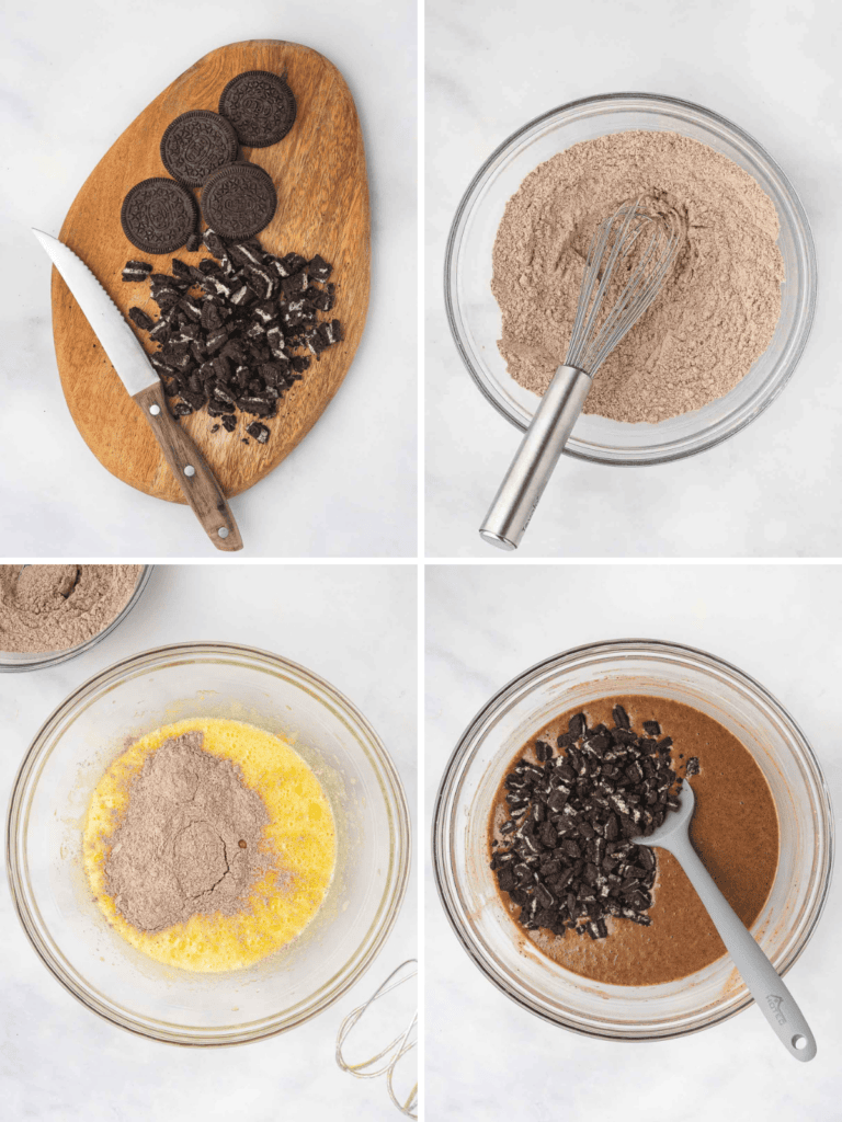 Four steps for Oreo cupcakes: chopping Oreos, whisking the dry ingredients, adding them to the wet mix, and folding in Oreos, by Tessie's Table.