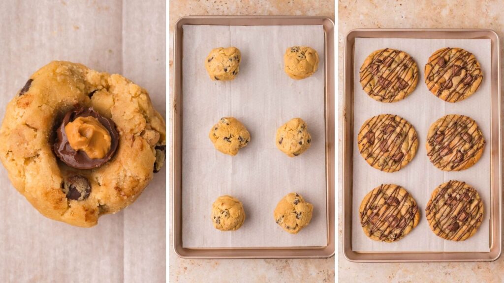 Three step collage showing a frozen Nutella and peanut butter center wrapped in cookie dough, stuffed dough balls on a parchment lined baking sheet, and baked Nutella stuffed Reese's cookies with chocolate drizzle by Tessie's Table.