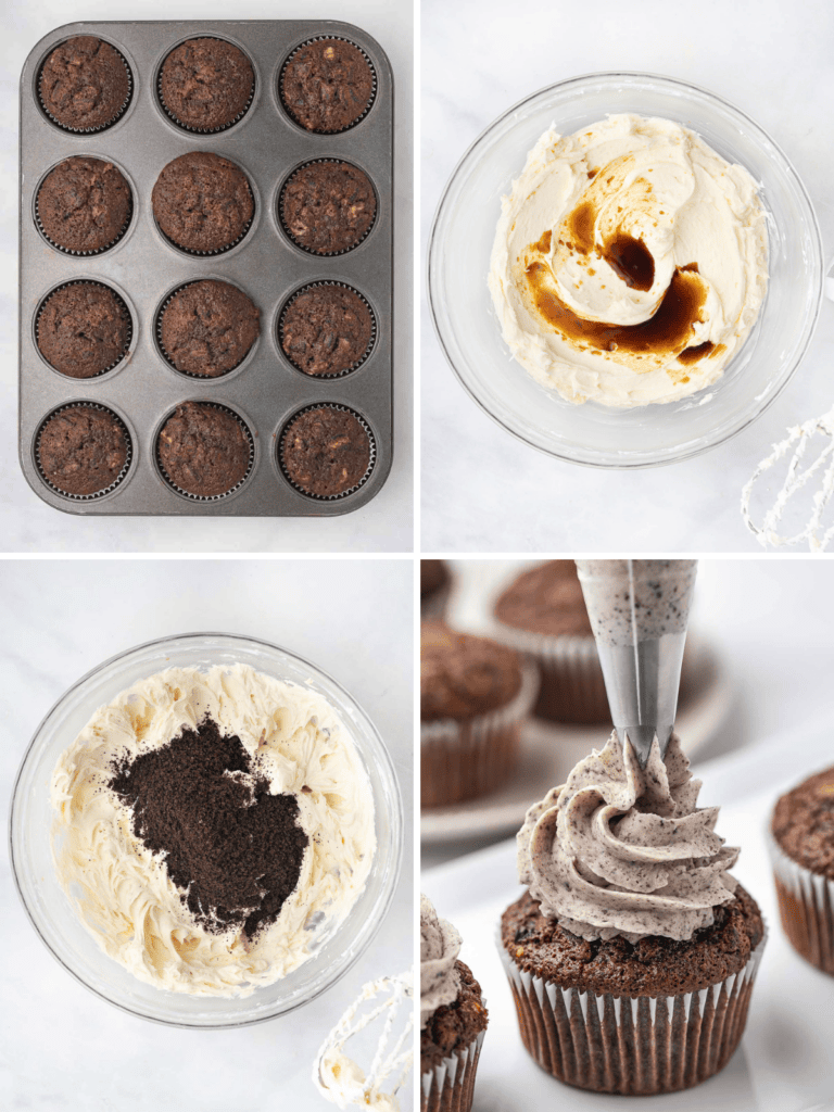 Four steps for Oreo cupcakes: baked cupcakes, adding vanilla to the frosting, mixing in crushed Oreos, and piping cookies and cream frosting, by Tessie's Table.