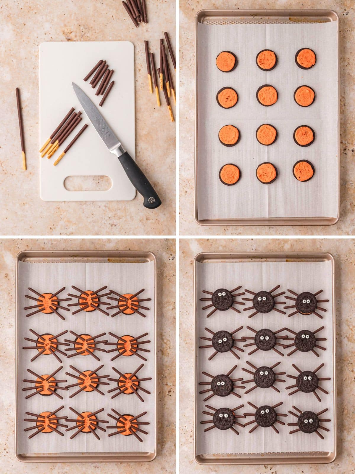Four step collage showing chocolate sticks being cut, Oreo halves with orange cream, legs arranged on the cream, and finished Oreo spiders with candy eyes by Tessie's Table.