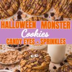 Stack of Halloween monster Nutella stuffed Reese's cookies with candy eyes and sprinkles by Tessie's Table.