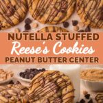 Nutella stuffed Reese's cookie broken open to show the Nutella and peanut butter center by Tessie's Table.
