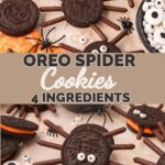 Overhead view of Oreo spider cookies with candy eyes on a light background by Tessie's Table.