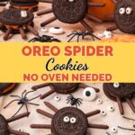Oreo spider cookies with chocolate stick legs and candy eyes beside a glass of milk by Tessie's Table.