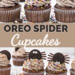 Oreo spider cupcakes for Halloween topped with cookies and cream frosting, an Oreo spider with candy eyes, and orange, purple, and green sprinkles, by Tessie's Table.