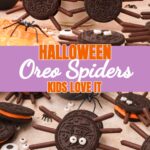 A plate of Oreo spider cookies with a toy skeleton and pumpkins by Tessie's Table.