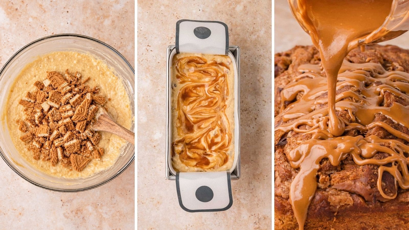 Three step collage showing chopped Biscoff cookies on banana bread batter, cookie butter swirled through the batter in a loaf pan, and warm Biscoff spread poured over the baked loaf for Biscoff banana bread by Tessie's Table.