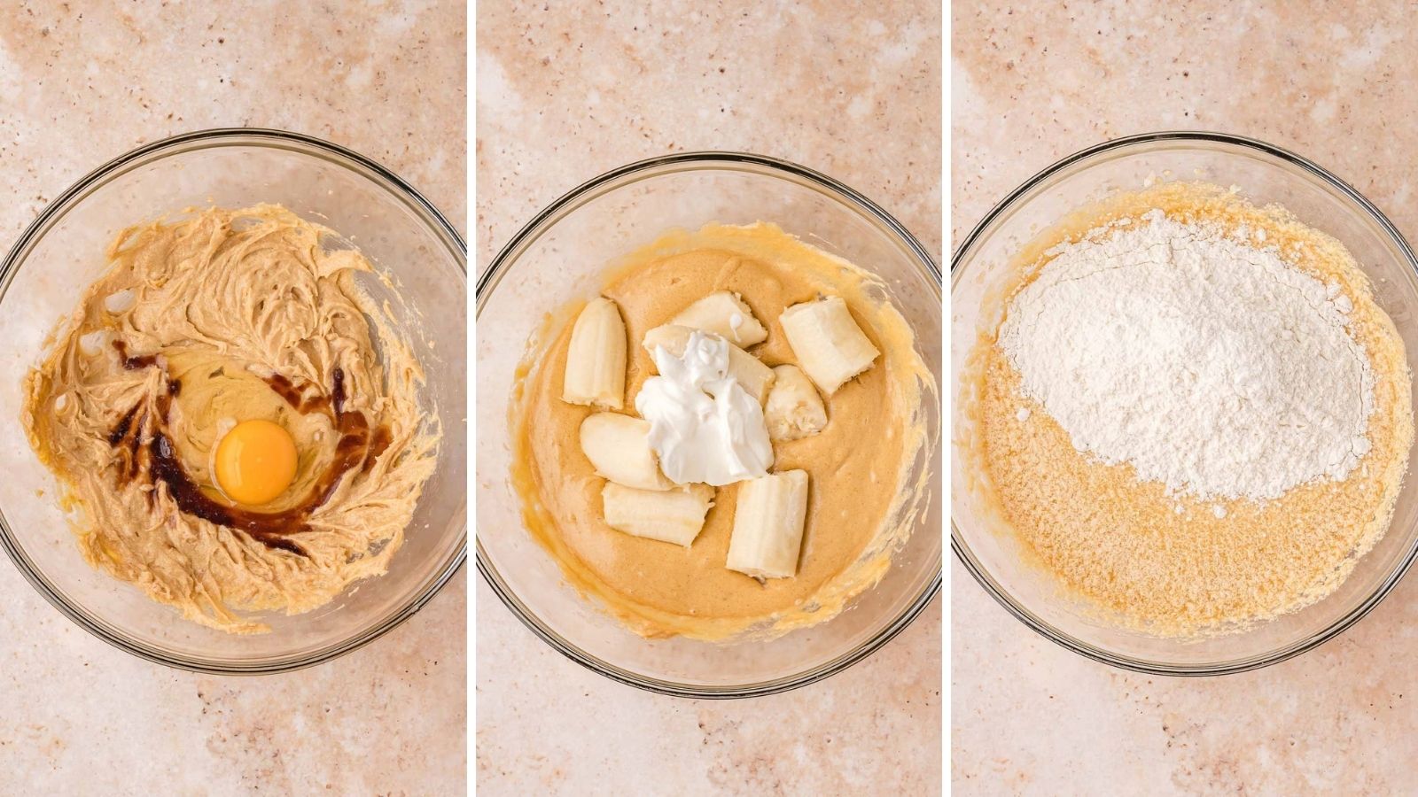 Three step collage showing an egg and vanilla added to creamed butter and brown sugar, bananas and sour cream in the bowl, and flour added to the batter for Biscoff banana bread by Tessie's Table.
