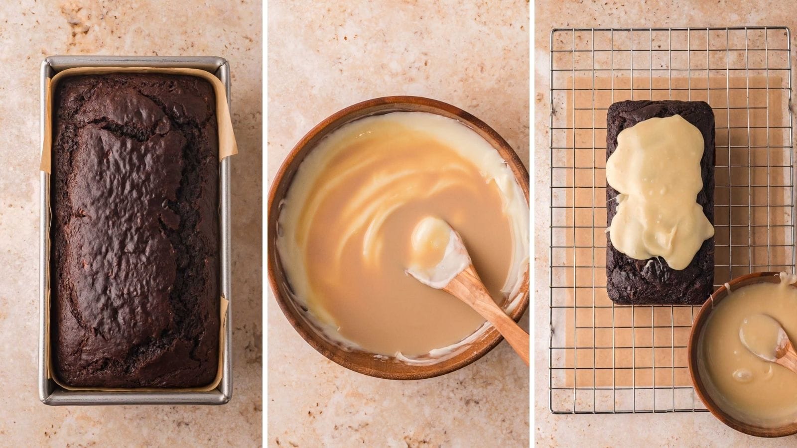 Three step collage showing the baked chocolate loaf in a parchment lined pan, white chocolate Baileys ganache in a bowl, and the ganache poured over the loaf on a wire rack for chocolate Baileys banana bread by Tessie's Table.