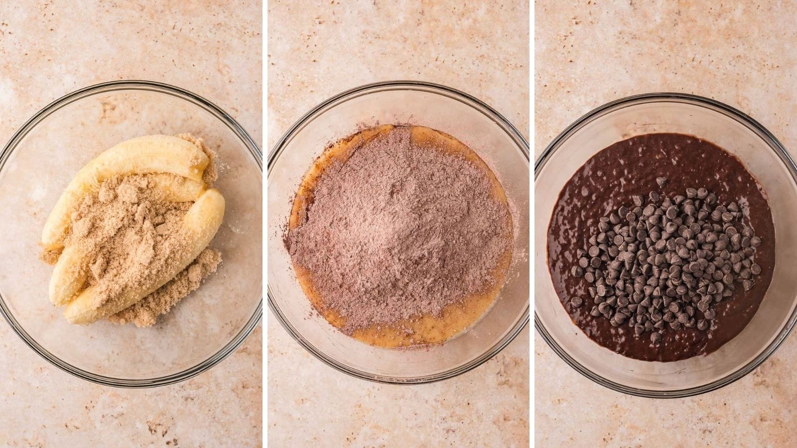 Three step collage showing bananas and brown sugar in a bowl, the dry ingredients added to the wet, and dark chocolate chips on the chocolate batter for chocolate Baileys banana bread by Tessie's Table.