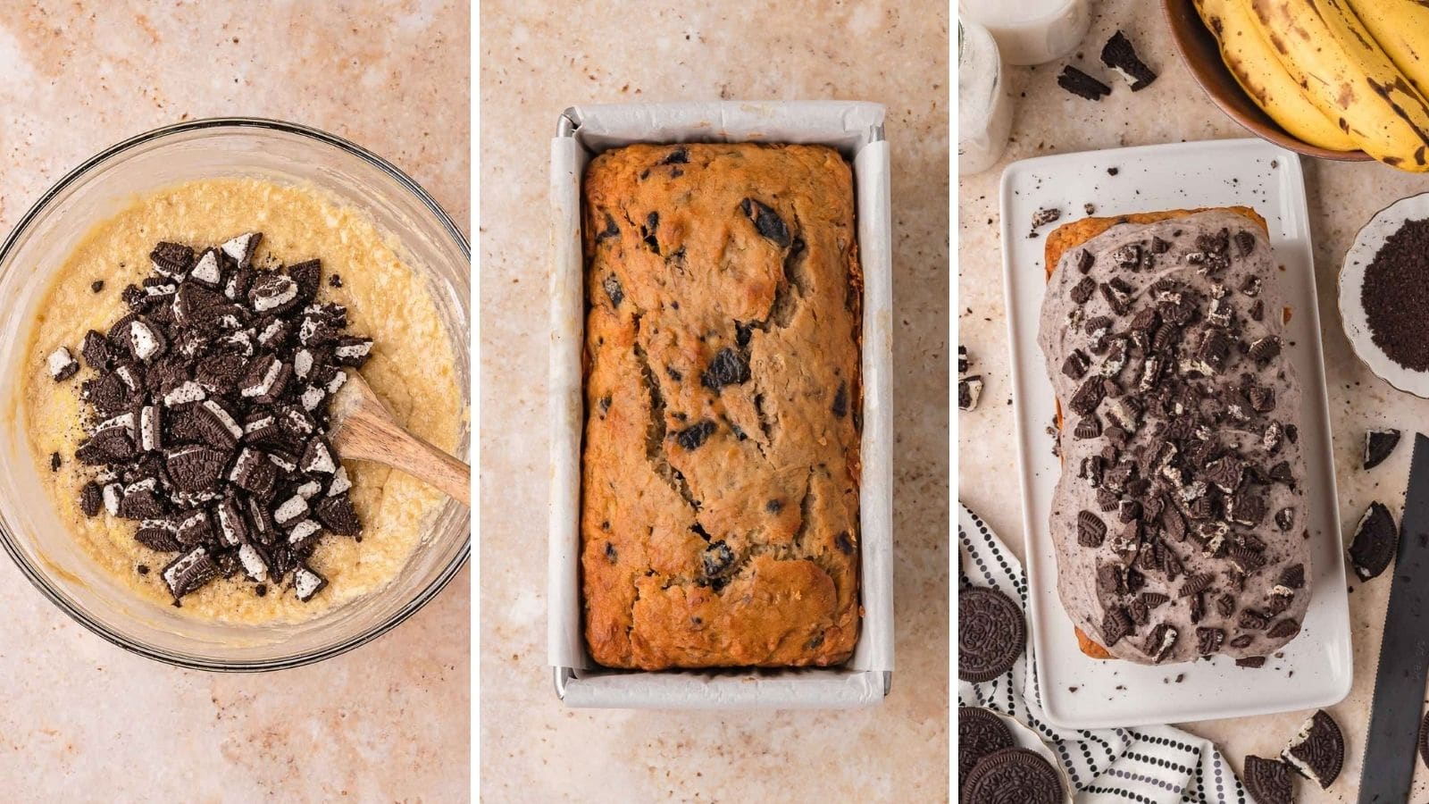 Three step collage showing chopped Oreos on banana bread batter, the baked loaf in a parchment lined pan, and the loaf topped with cookies and cream glaze and chopped Oreos for Oreo banana bread by Tessie's Table.