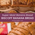 Sliced Biscoff banana bread with a glossy cookie butter topping next to Biscoff cookies and bananas.